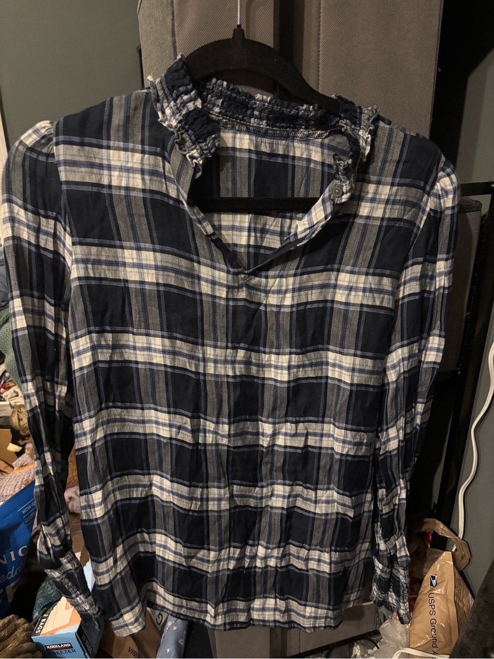 Loft Navy Plaid Long-Sleeve Shirt - Classic Button-Up Style Small